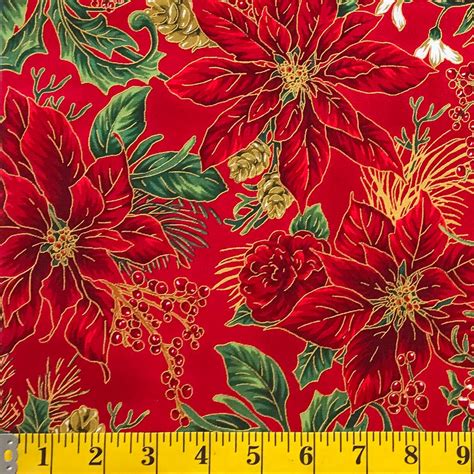 red and white poinsettia fabric with gold metallic|poinsettia fabric by the yard.